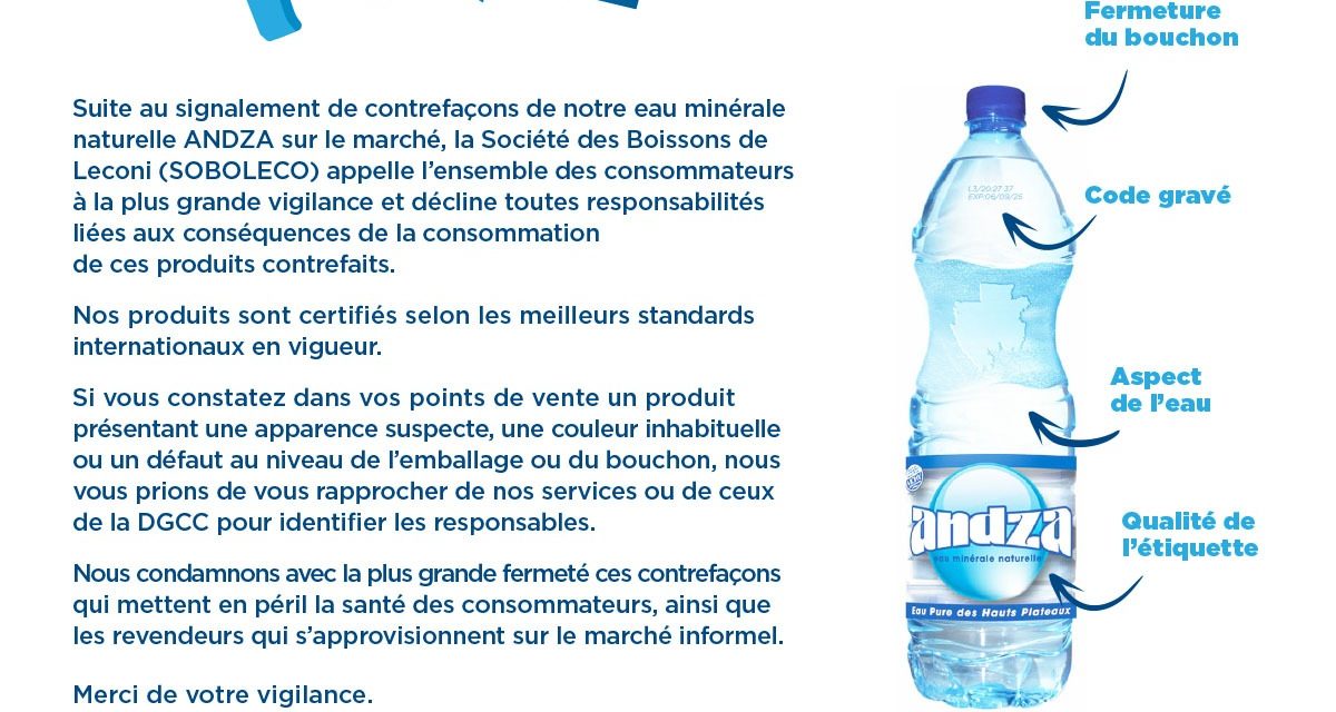 Gabon/Contrefaçon de l’eau Andza: La Soboleco alerte sa clientèle et invite à la vigilance