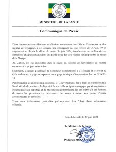 Communiqué du gouvernement gabonais, par l'intermédiaire du Ministère de la Santé