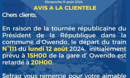 🛑Perturbation du trafic ferroviaire : le train n°111 de la SETRAG annoncé en retard ce lundi 12 août